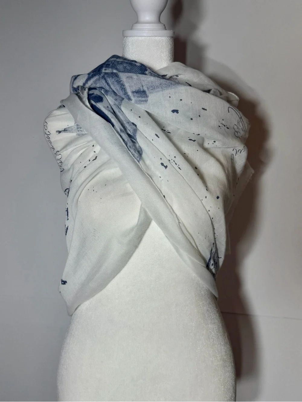 White & Blue Scarf, Shawl, Poncho Sheer Rome, Italy Theme with Fringe